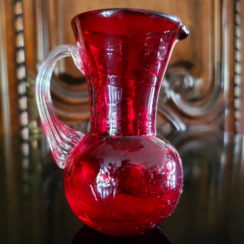 Vntg 3 3/4" Ruby Handcrafted Glass Clear Ribbed Handle Art Glass Mini Pitcher